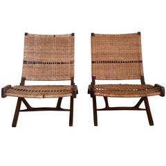 Pair of Danish Caned Foldable Chairs in Style of Hans Wegner, 1960s