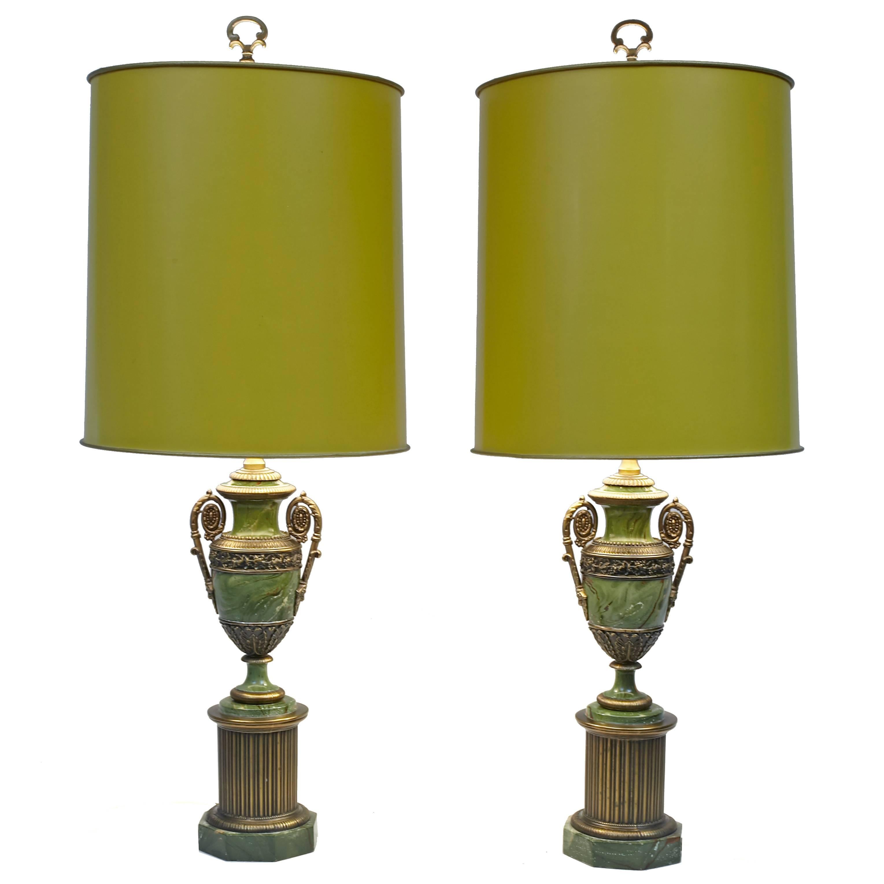 Pair of Paul Hanson Faux Malachite Table Lamps with Original Shades and Finials