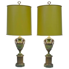 Pair of Paul Hanson Faux Malachite Table Lamps with Original Shades and Finials