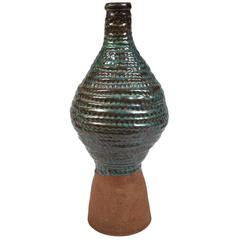 Large Studio Pottery Vase with Turquoise Glaze over Brown Clay