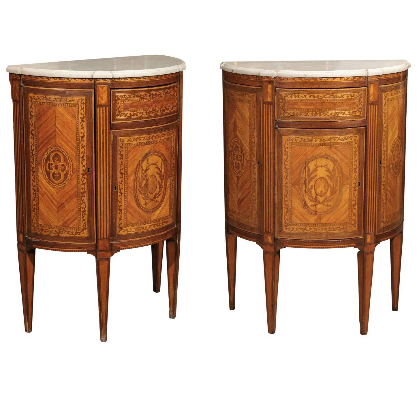 Pair of Neoclassical Style Italian Inlaid Demilunes with Marble Tops, circa 1940