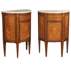 Pair of Neoclassical Style Italian Inlaid Demilunes with Marble Tops, circa 1940