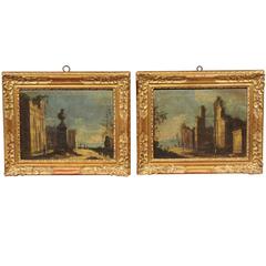 Pair of Mid-18th Century Italian Framed Oil on Canvas Landscape Paintings