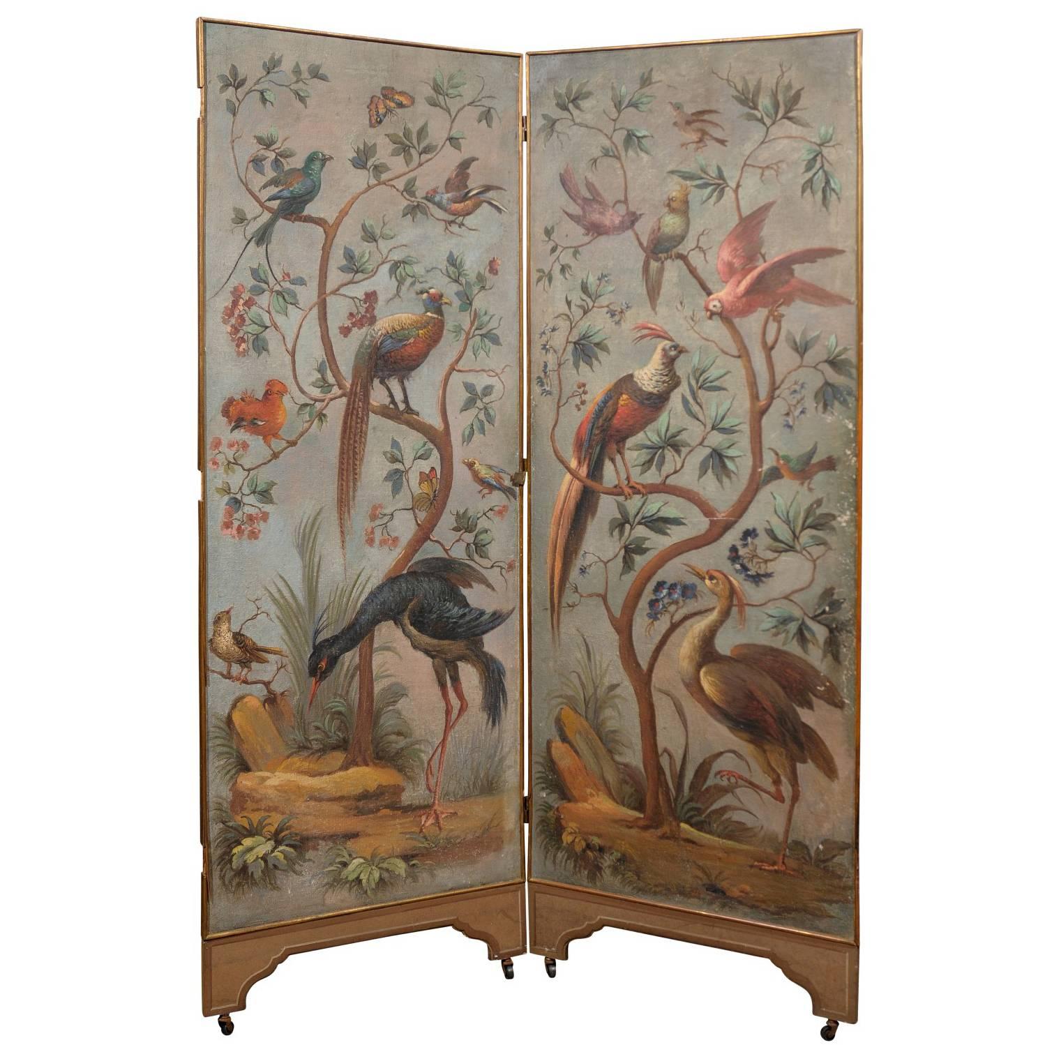18th Century Italian Two-Panel Painted Screen of Birds