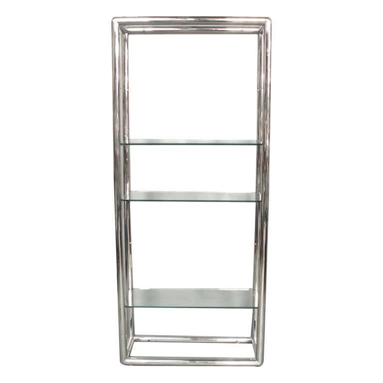 Glass and Polished Stainless Steel Shelf Unit Style of Pace For Sale at