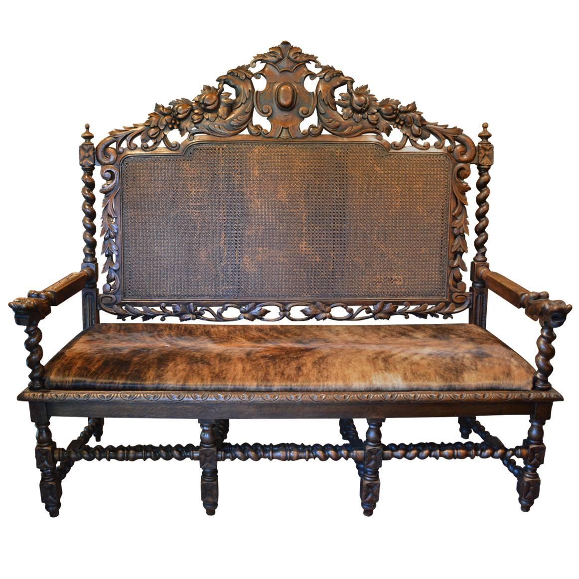 Antique European Gothic Style Hand-Carved Bench