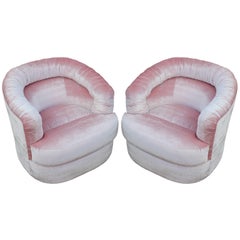 Luxe Pair of Retro Modern Swivel Lounge Chairs in Pale / Light Pink Velvet