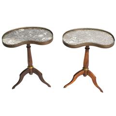 Pair of French Kidney-Shaped Marble-Top Side Tables with Brass Gallery