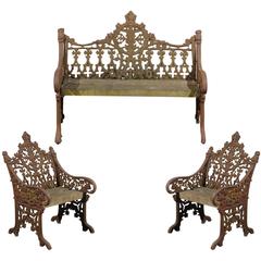 Antique English Iron Garden Bench and Two Chairs