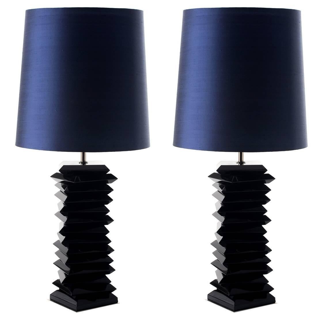 Pair of European Modern Geometric Boco Do Lobo Tribeca Midnight Blue Table Lamp