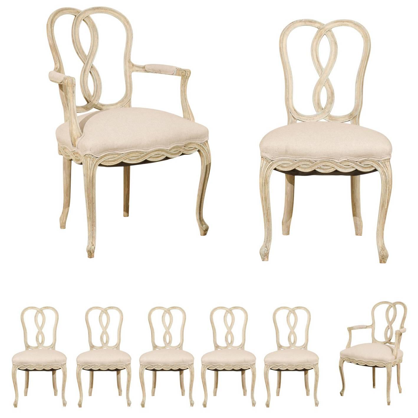Set of Eight Italian Venetian Style Painted Wood Chairs with Ribbon Motifs