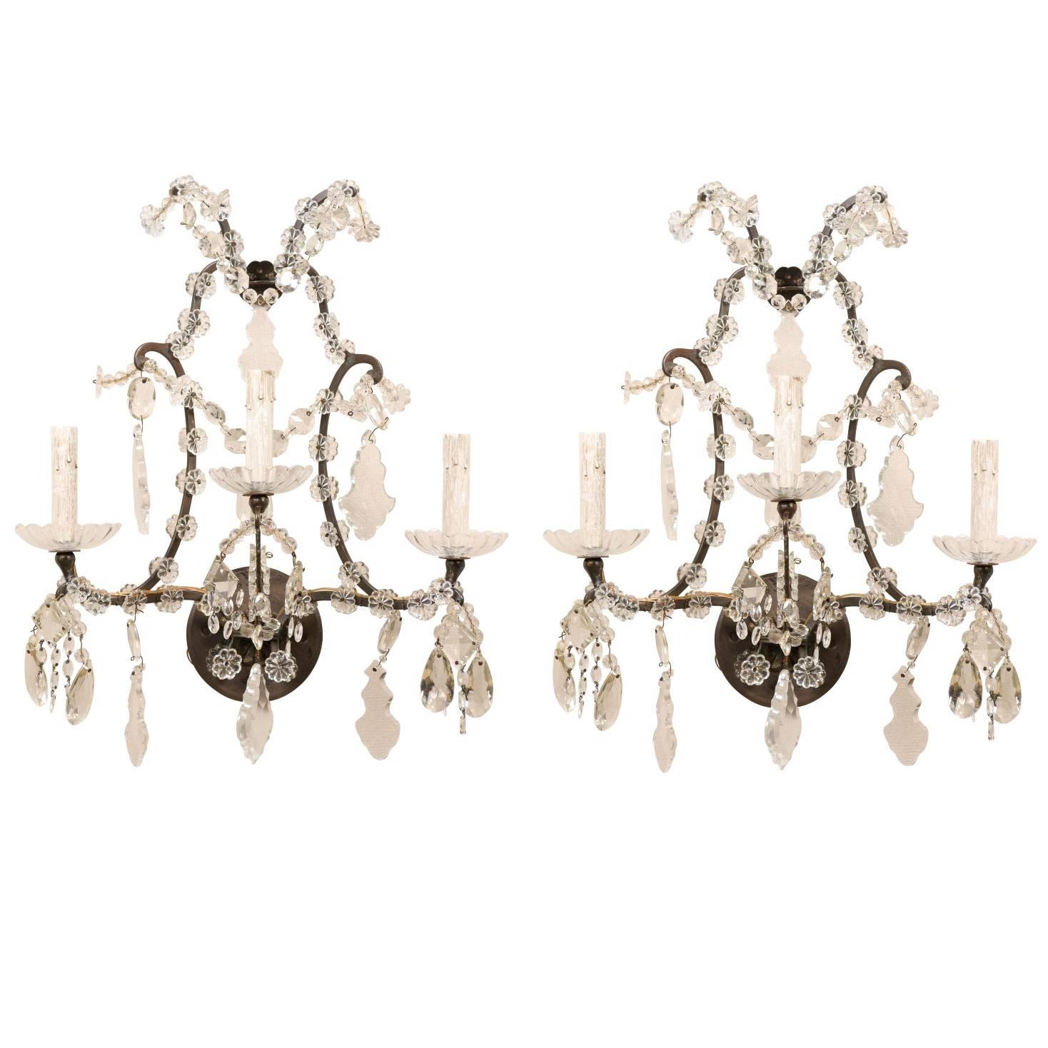 Pair of Italian Crystal Vintage Three-Light Sconces with Scrolled Armature For Sale