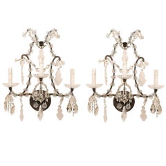 Pair of Italian Crystal Vintage Three-Light Sconces with Scrolled Armature