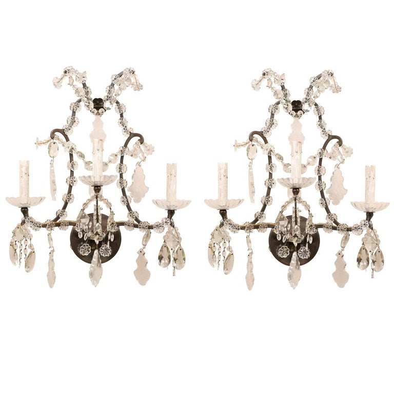 Pair of Italian Crystal Vintage Three-Light Sconces with Scrolled Armature For Sale
