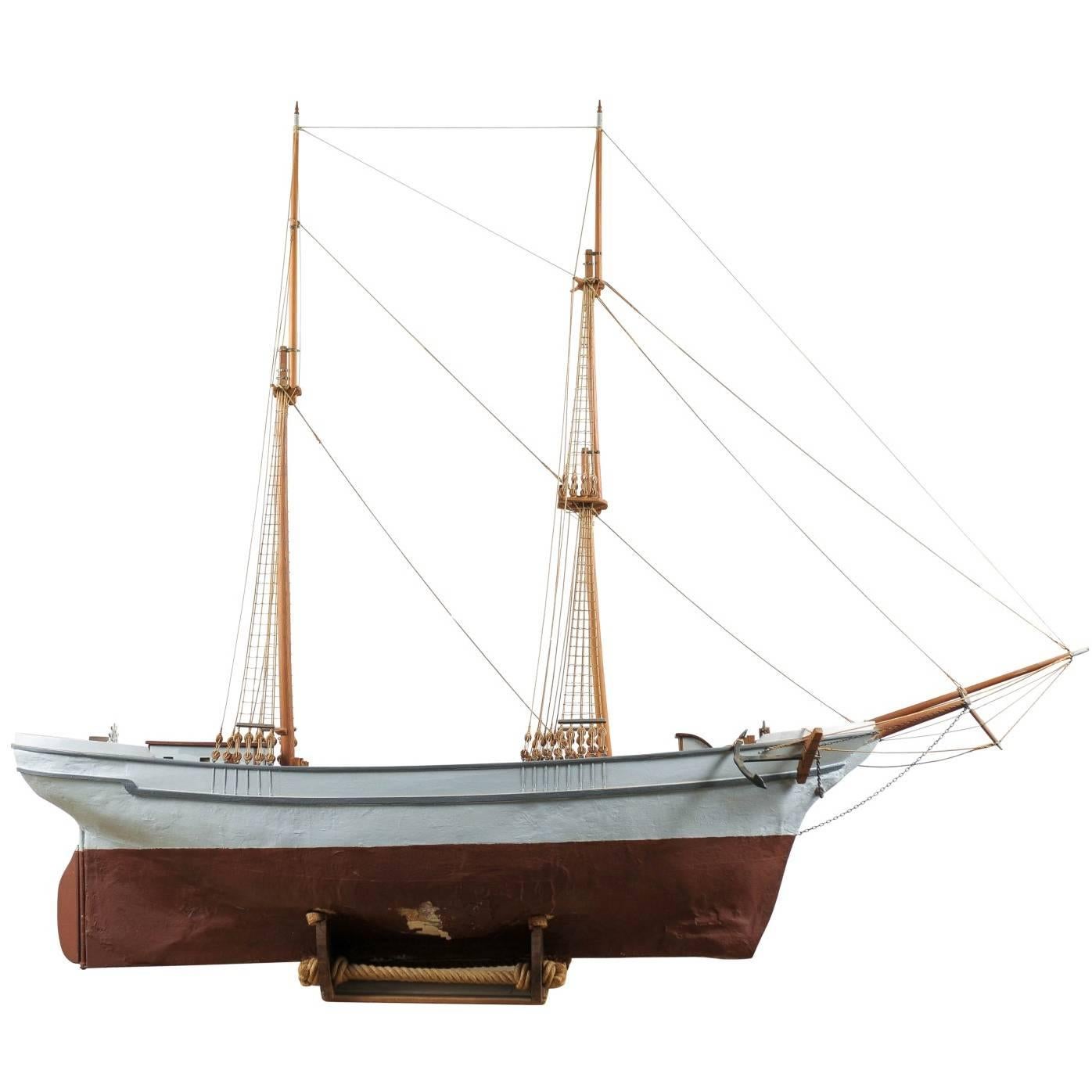 Swedish Ship Model on Stand with Two-Masts, Wooden Ketch 'or Brigantine' Layout For Sale