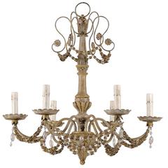 French Wood, Iron and Crystal Six-Light Chandelier with Swag Surround