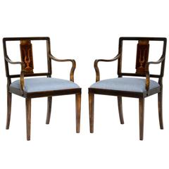 Pair of Swedish Deco Stained Birch and Inlaid Open Armchairs, circa 1940