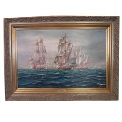 Vintage Oil Painting Made in 1974 by Gregor Hellberg Picturing 'Battle of Mon 1657'