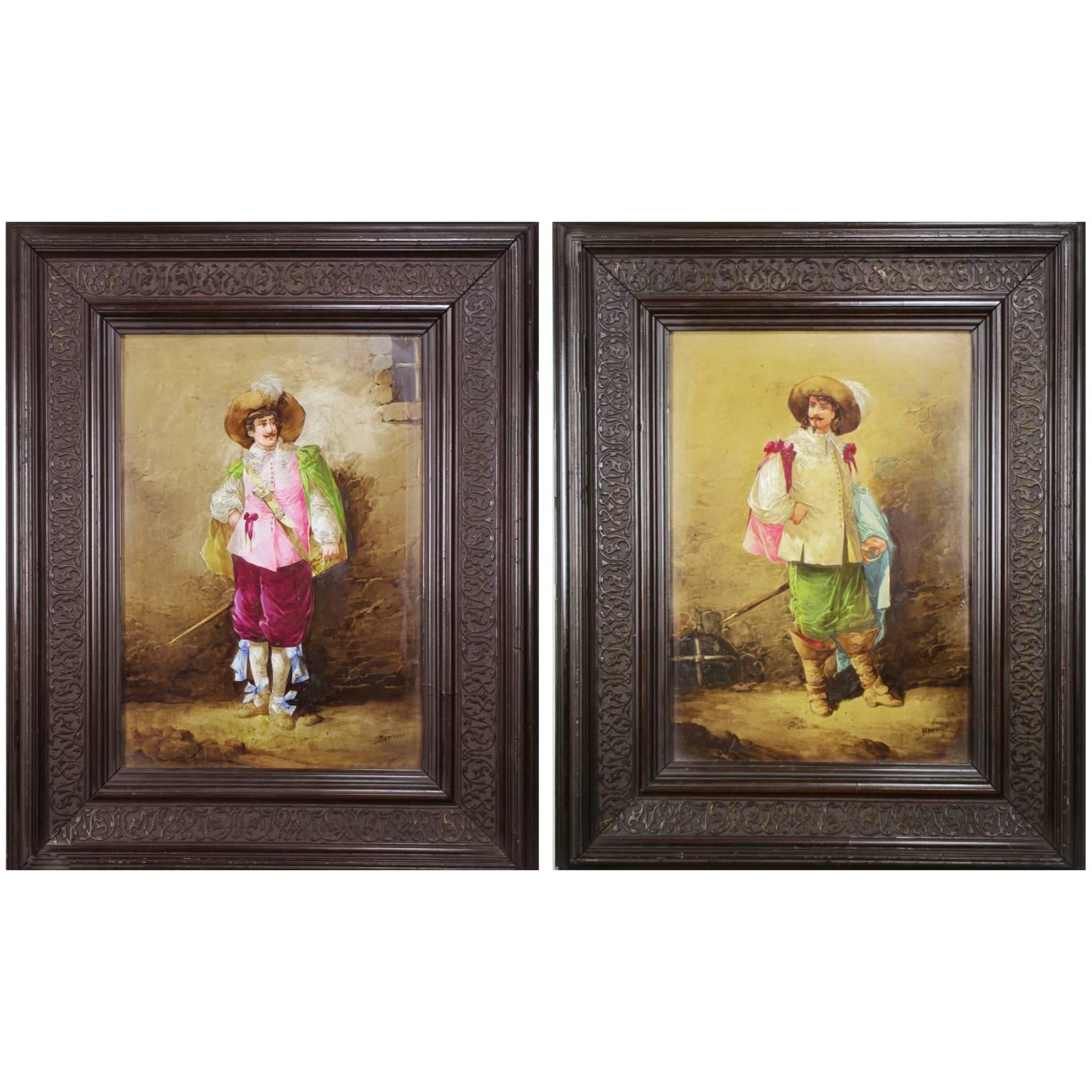 Pair of French Porcelain Plaques of Musketeers by Leon Berthaud For Sale