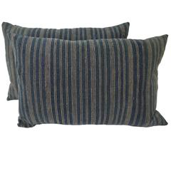 Pair of 19th Century French Indigo Striped Wool and Cotton Pillows