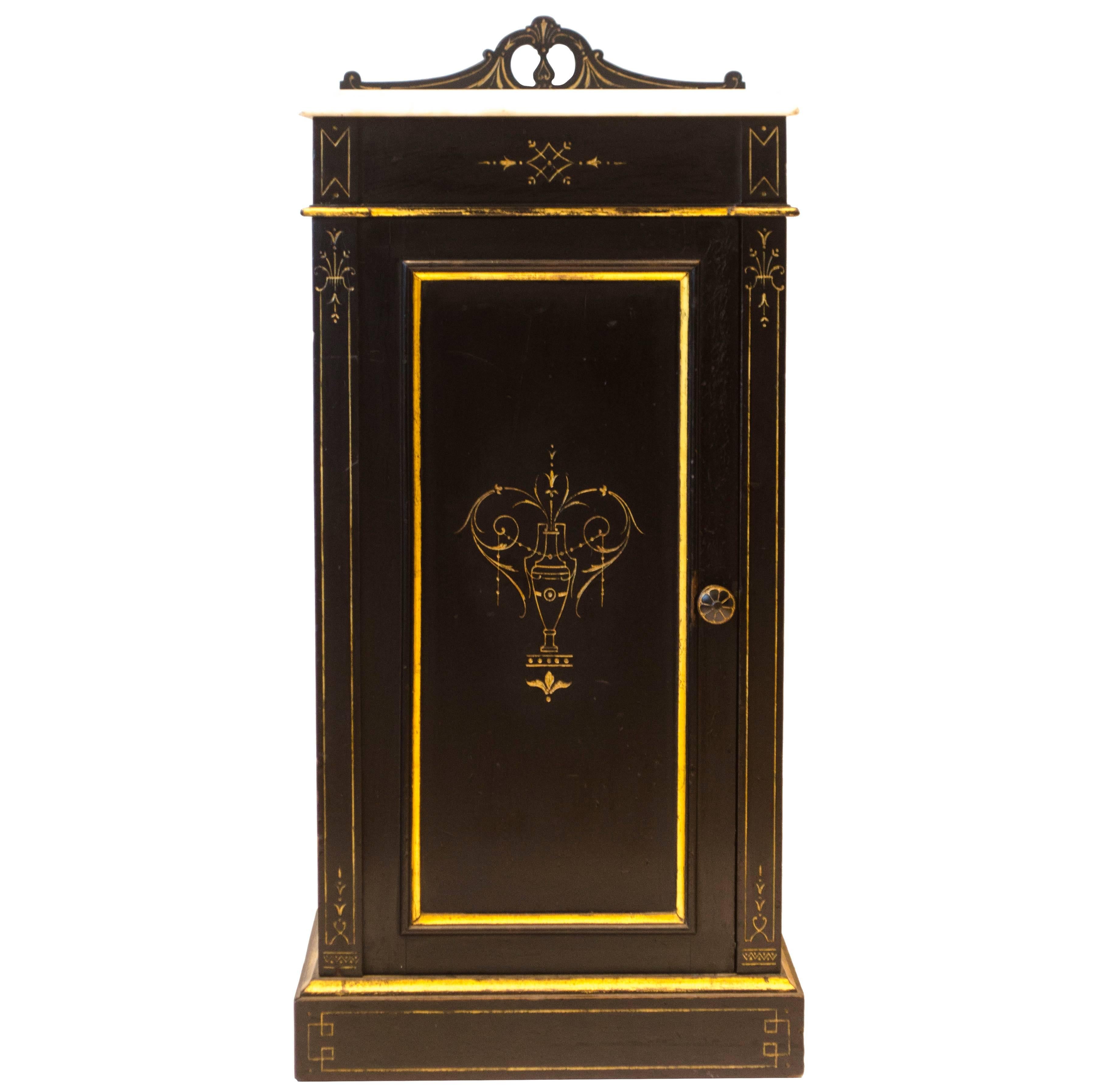 Heal & Son Aesthetic Movement Ebonized & Gilt Bedside Cupboard With Marble Top For Sale