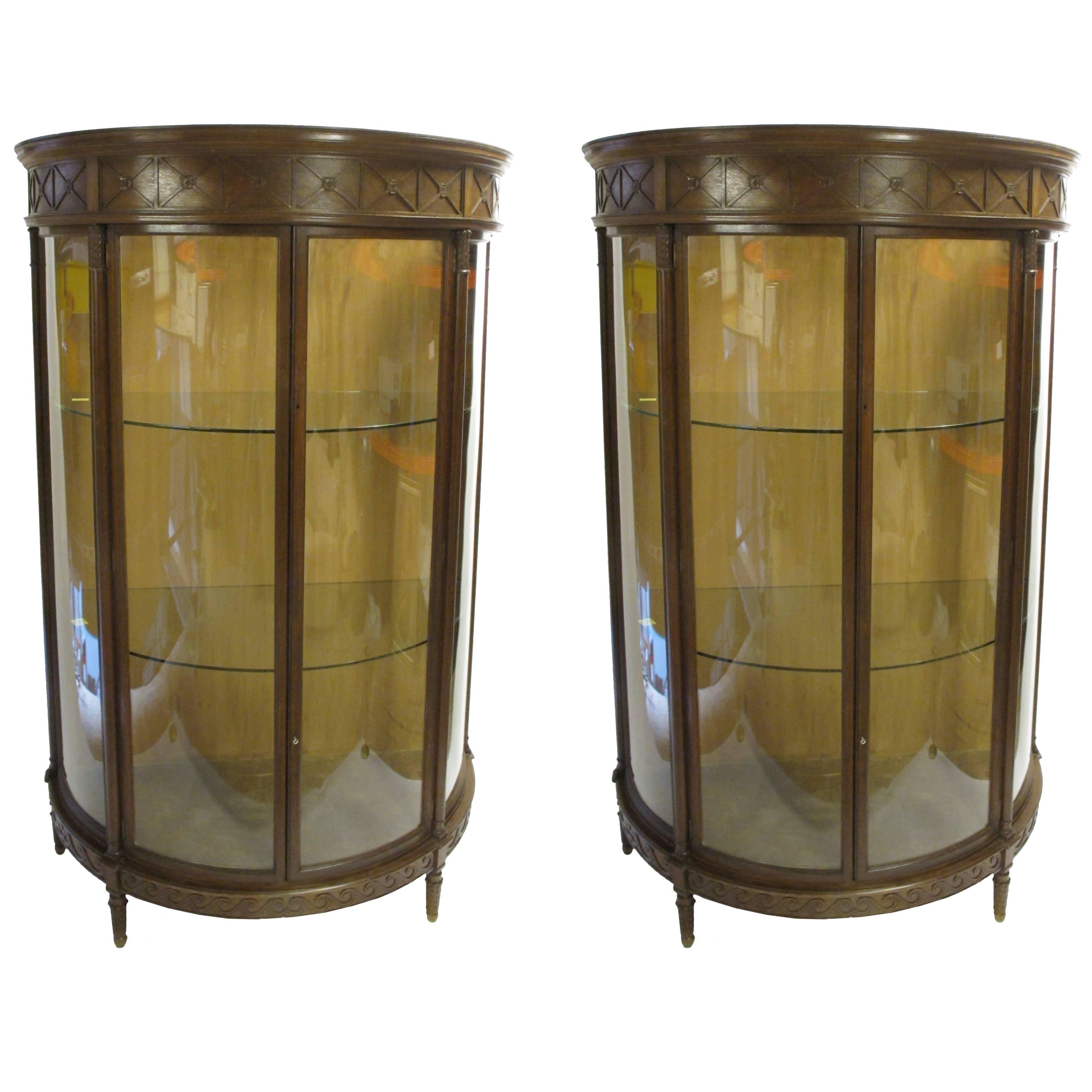 Pair of Oak Bowfront Display Cabinets, England, circa 1930 For Sale