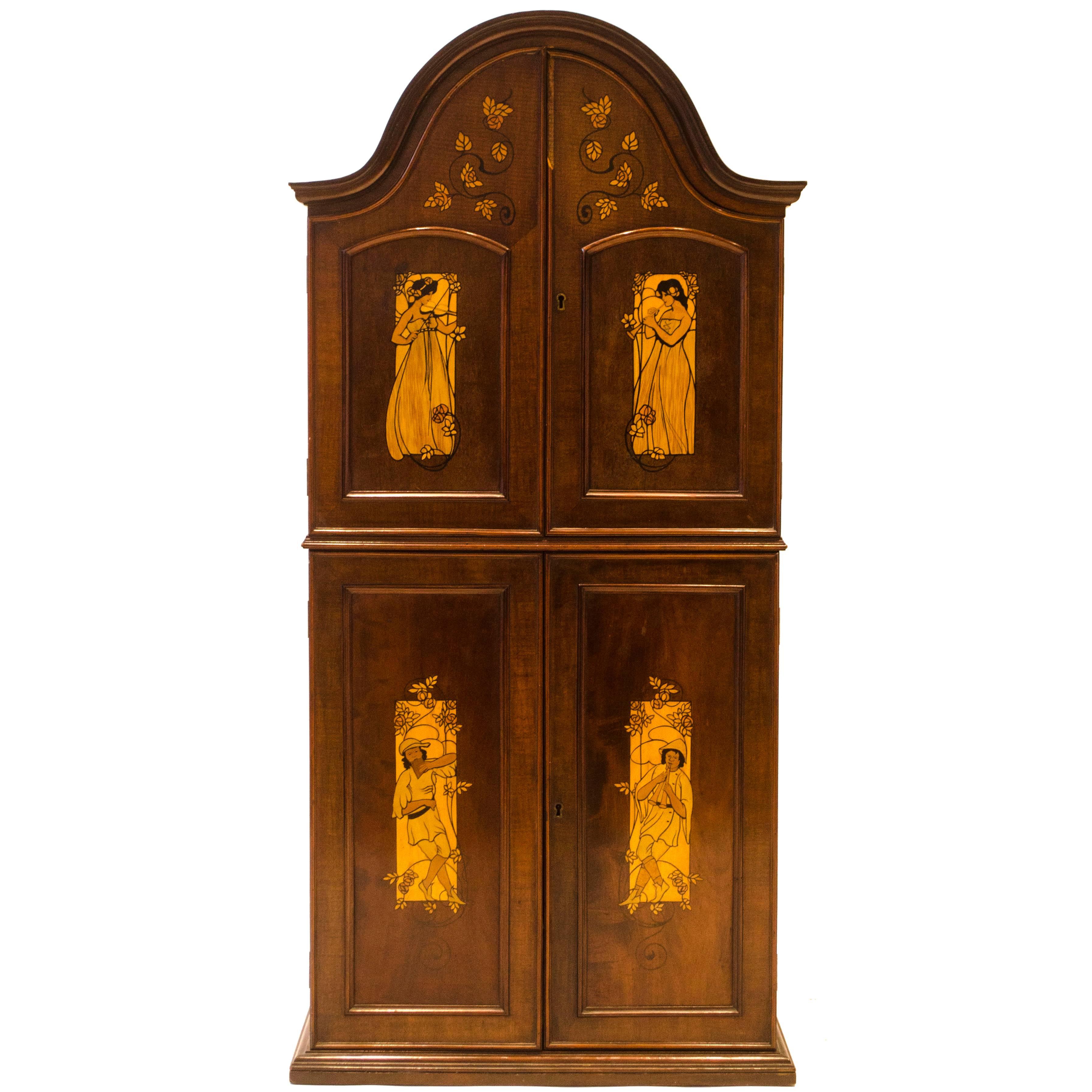 W J Neatby Attri, English Art Nouveau Music Cabinet with Musicians to the Doors For Sale