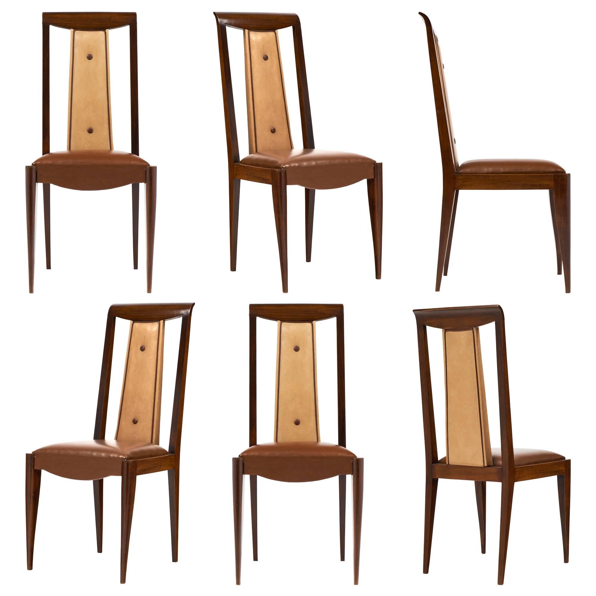 French 1940s Set of Six Solid Walnut Dining Chairs