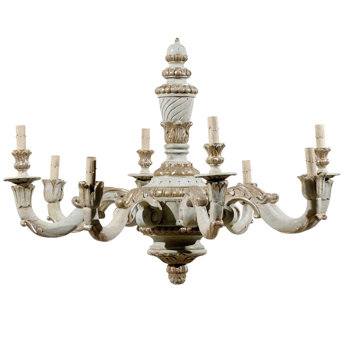 French Vintage Eight-Light Wooden Chandelier with Scrolled Arms