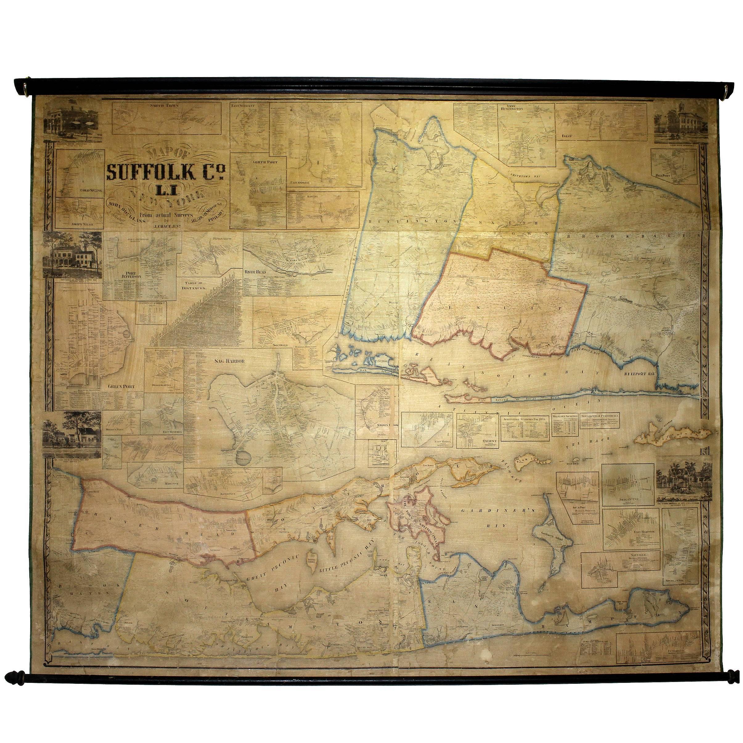 Framed Mid-19th Century Wall Map of Long Island, the Hamptons