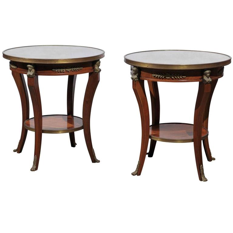 Pair of French Empire Style Low Round Accent Tables with Mirrored Tops