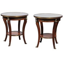 Pair of French Empire Style Low Round Accent Tables with Mirrored Tops and Shelf