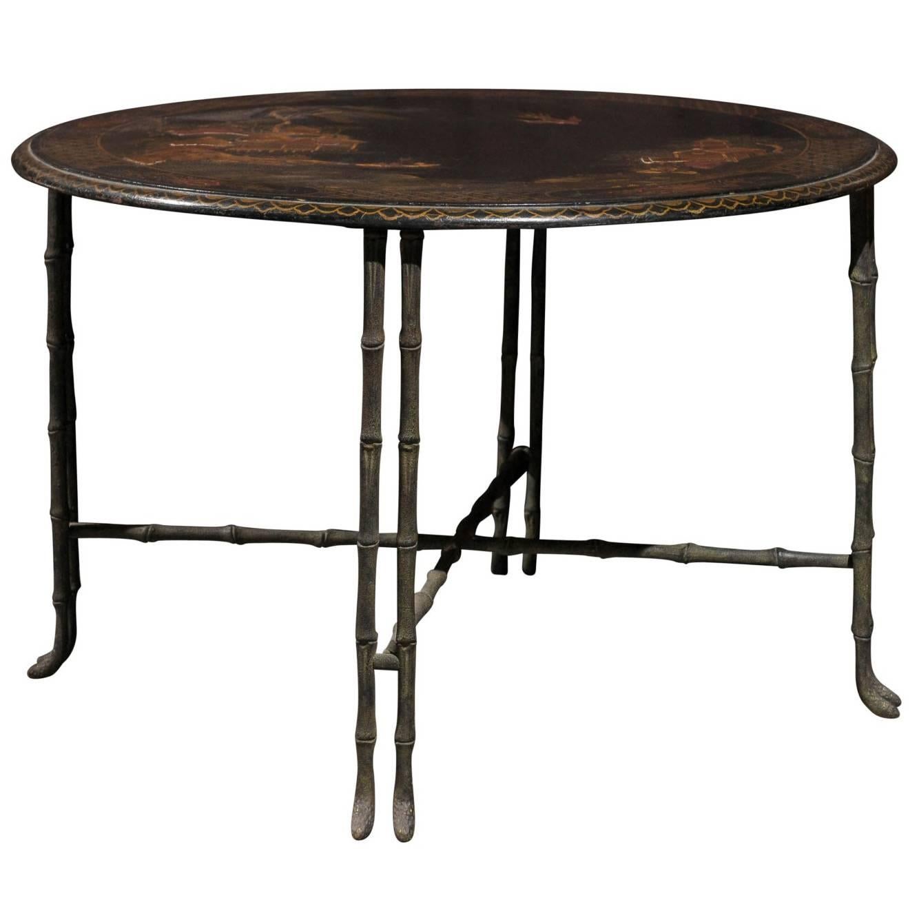 Vintage Round Chinoiserie Table with Japanning Scene and Bronze Faux-bamboo Legs