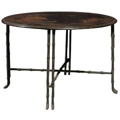 Vintage Round Chinoiserie Table with Japanning Scene and Bronze Faux-bamboo Legs