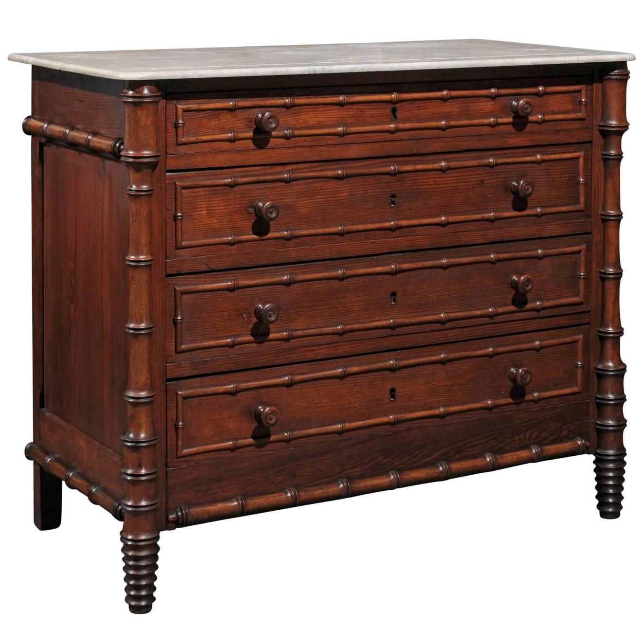 19th century English incised Marble Top Chest of Drawers with Faux Bamboo Trim