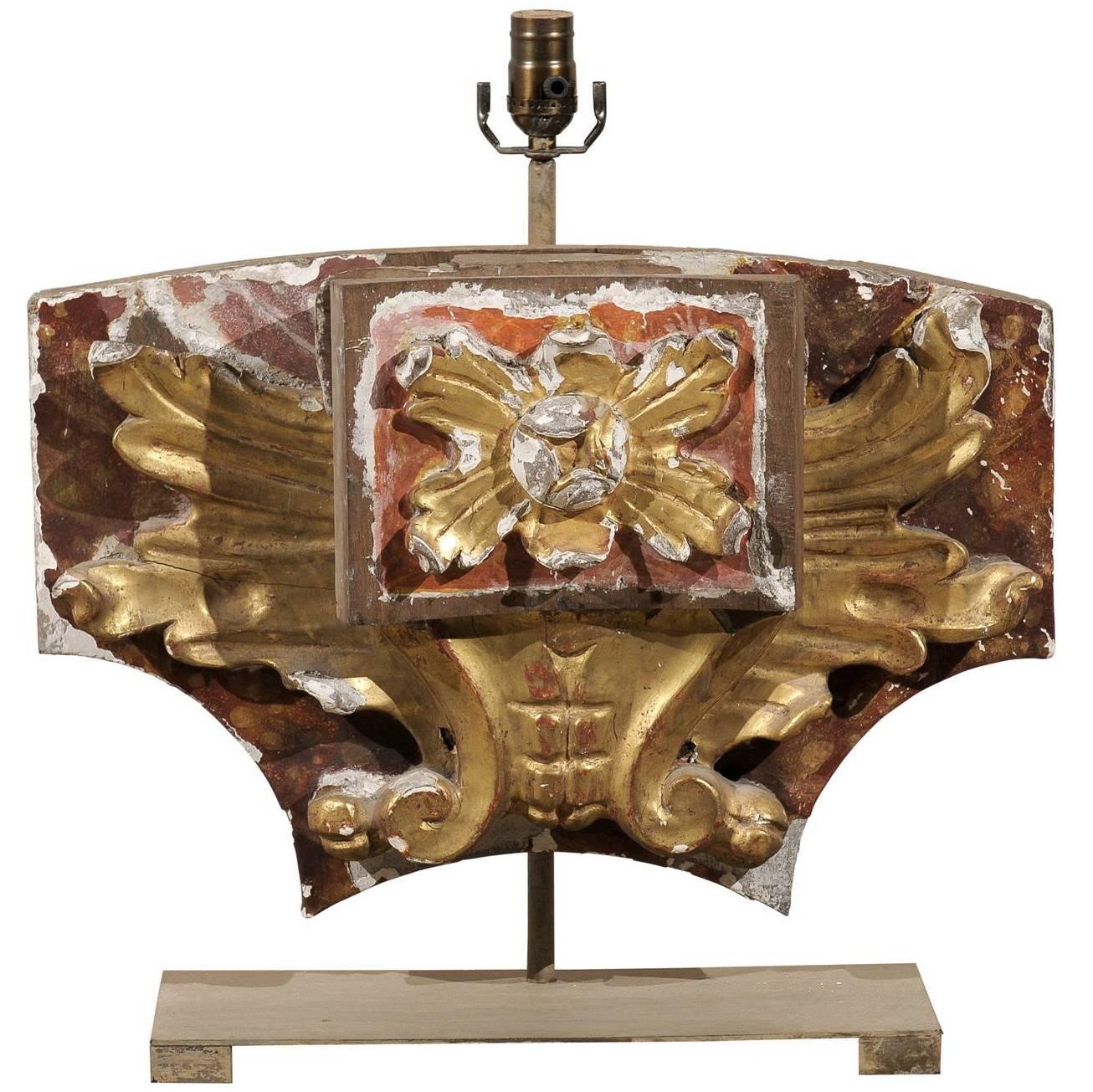 Italian Early 20th Century Gilded and Painted Fragment Mounted into Table Lamp