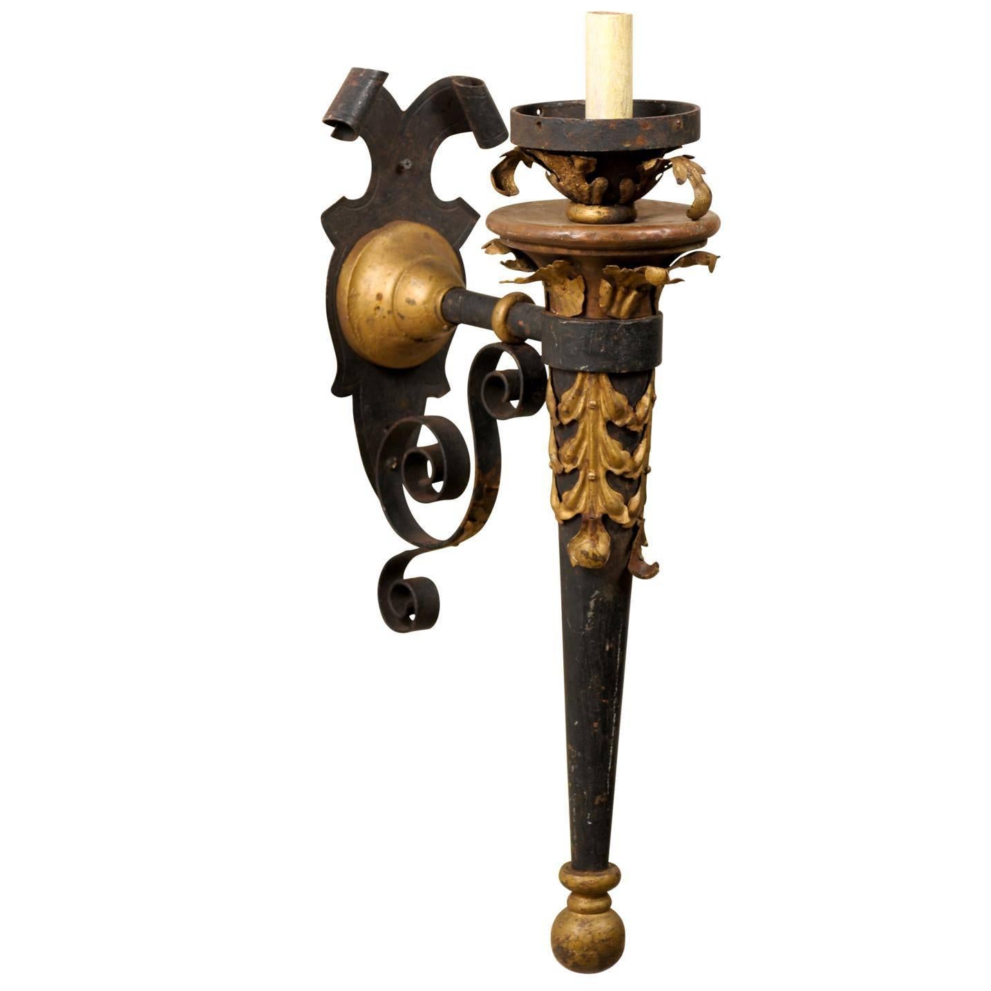 An Italian Vintage Single Arm Torch Shaped Sconce with Gilt Accents For Sale