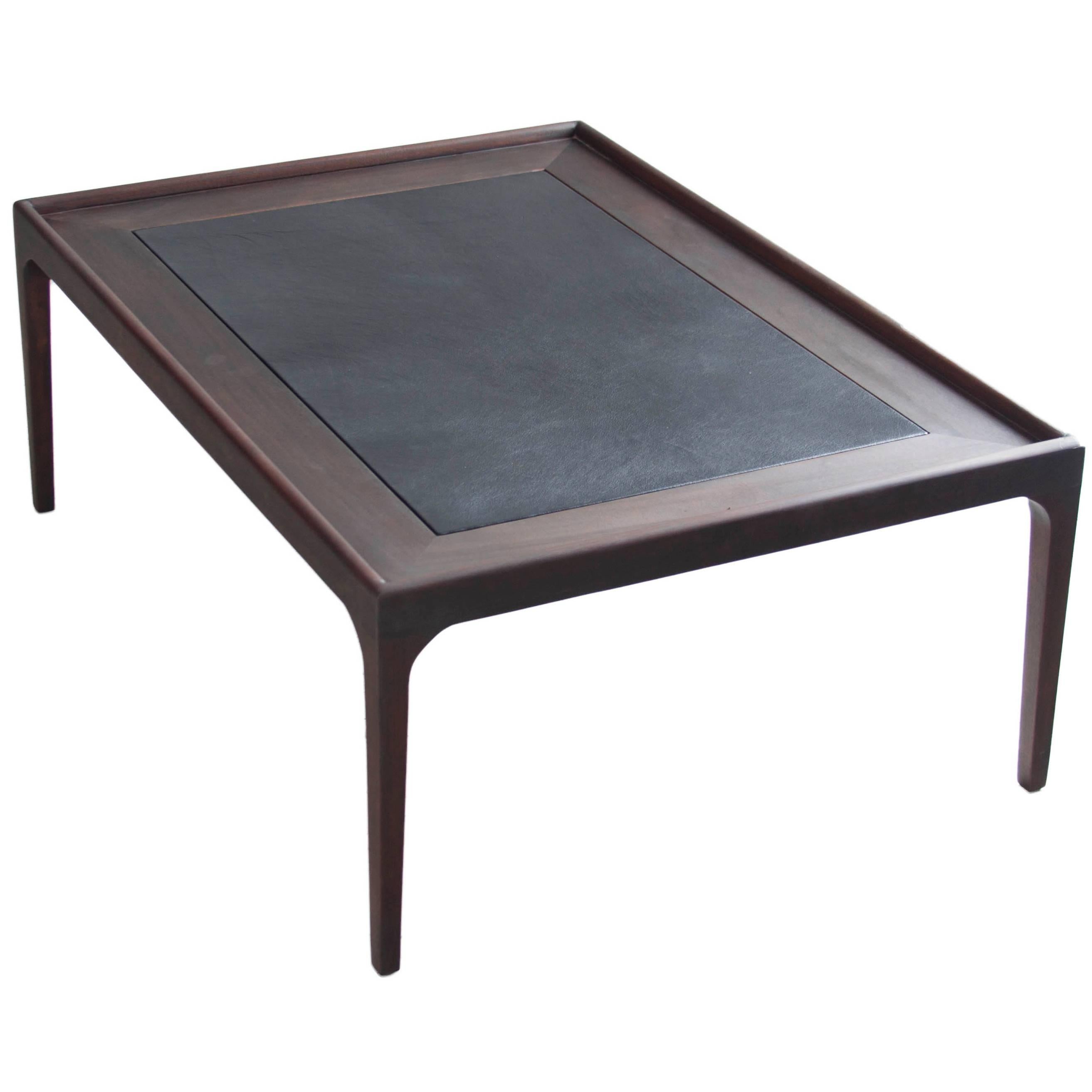 Mid-Century Mahogany Coffee Table with inset Black Leather Top