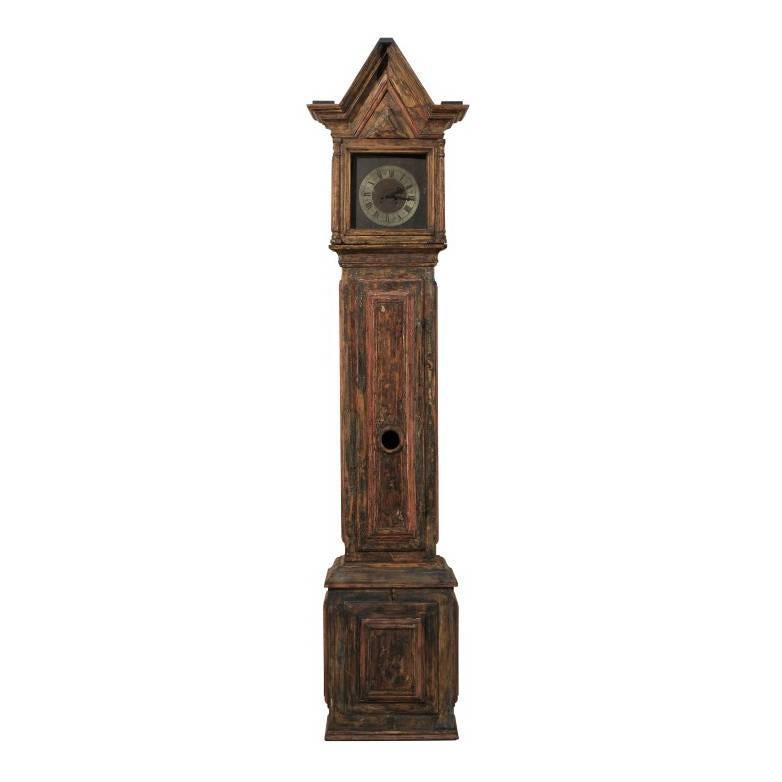 18th C. Swedish Wood Clock with Linear Profile and Triangular Crest For Sale