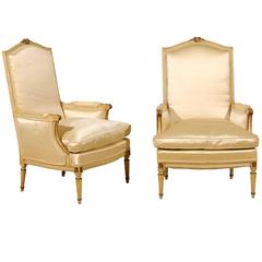 Pair of French Style Vintage Fauteuils with Satin Upholstery