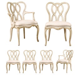 Set of Six Vintage Venetian Style Dining Room Chairs with Weaving Ribbon Back