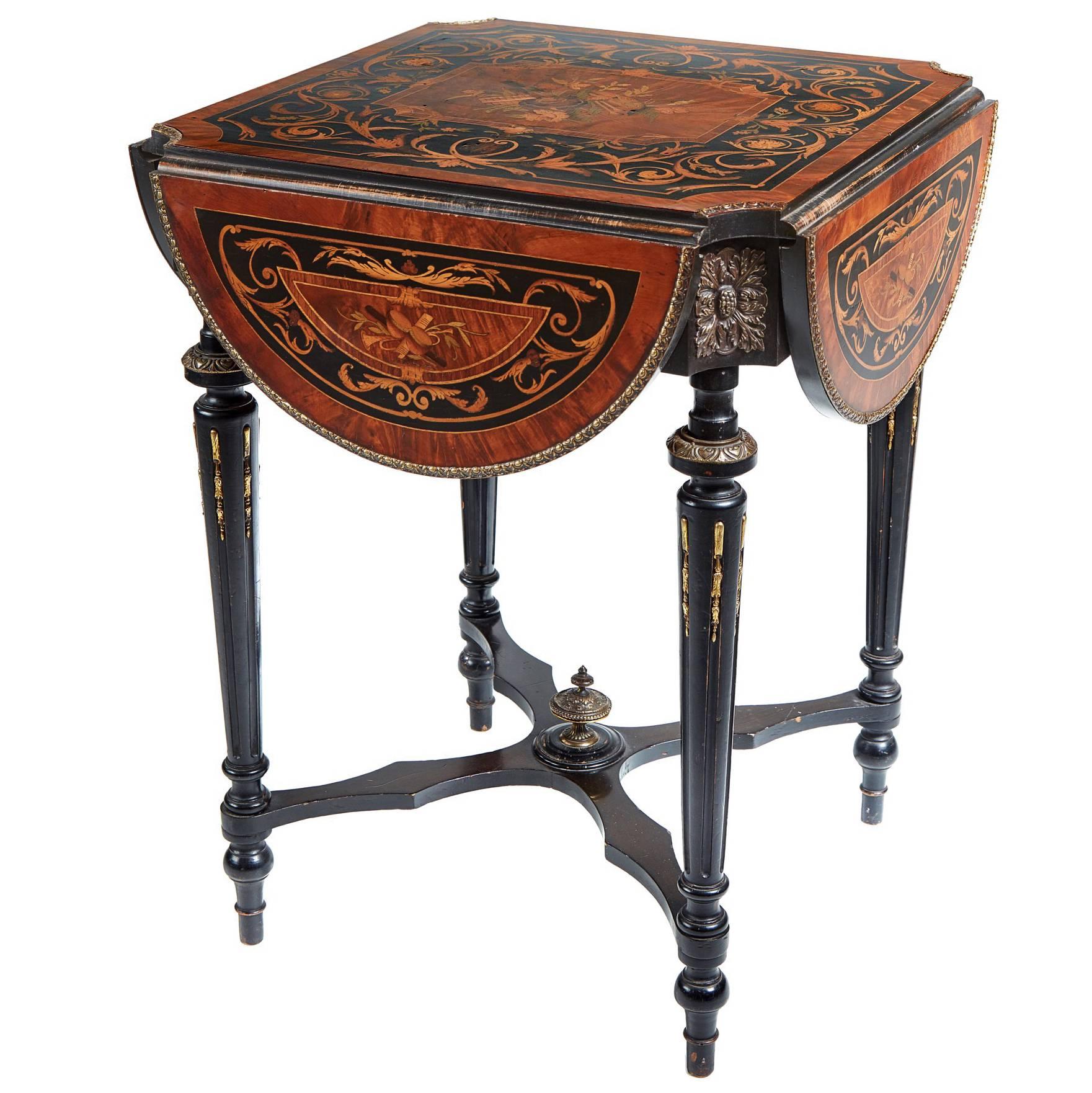 19th Century French Marquetry Inlaid Drop-Leaf Table