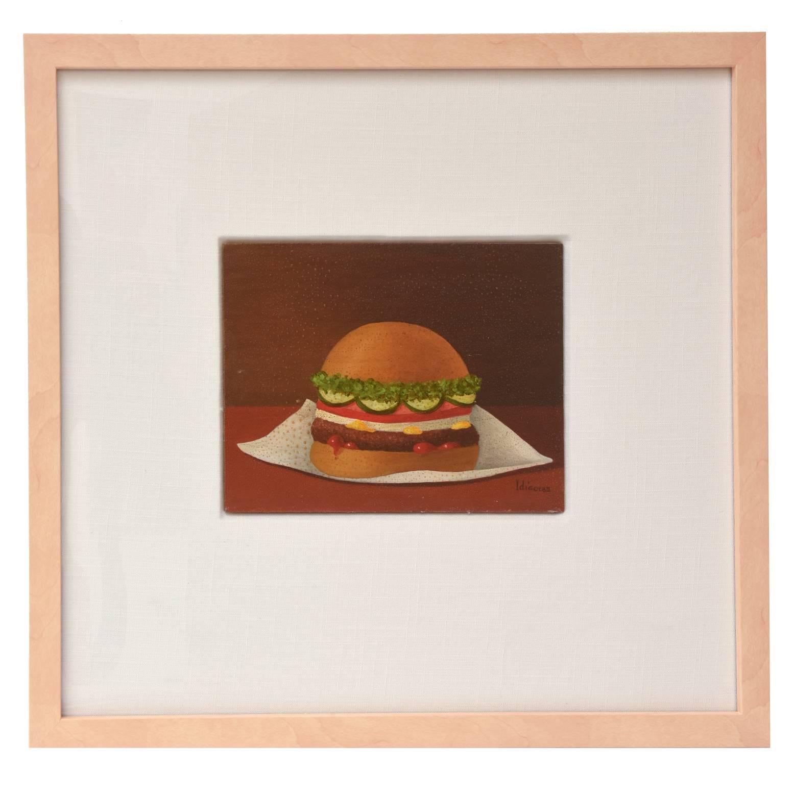 Signed Oil on Board Vintage Surrealist Style Hamburger Painting Custom Framed