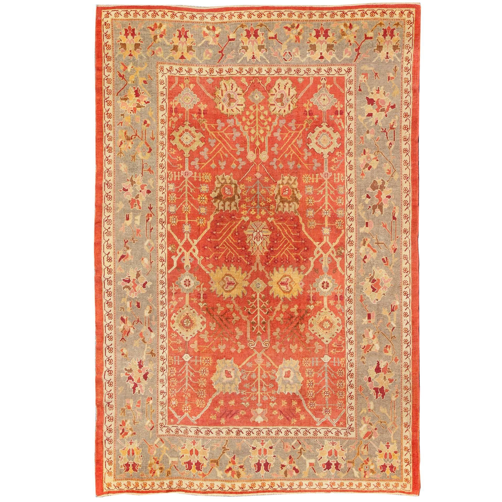  Antique Turkish Oushak Rug With All-Over Design On Orange Red Gray Border For Sale
