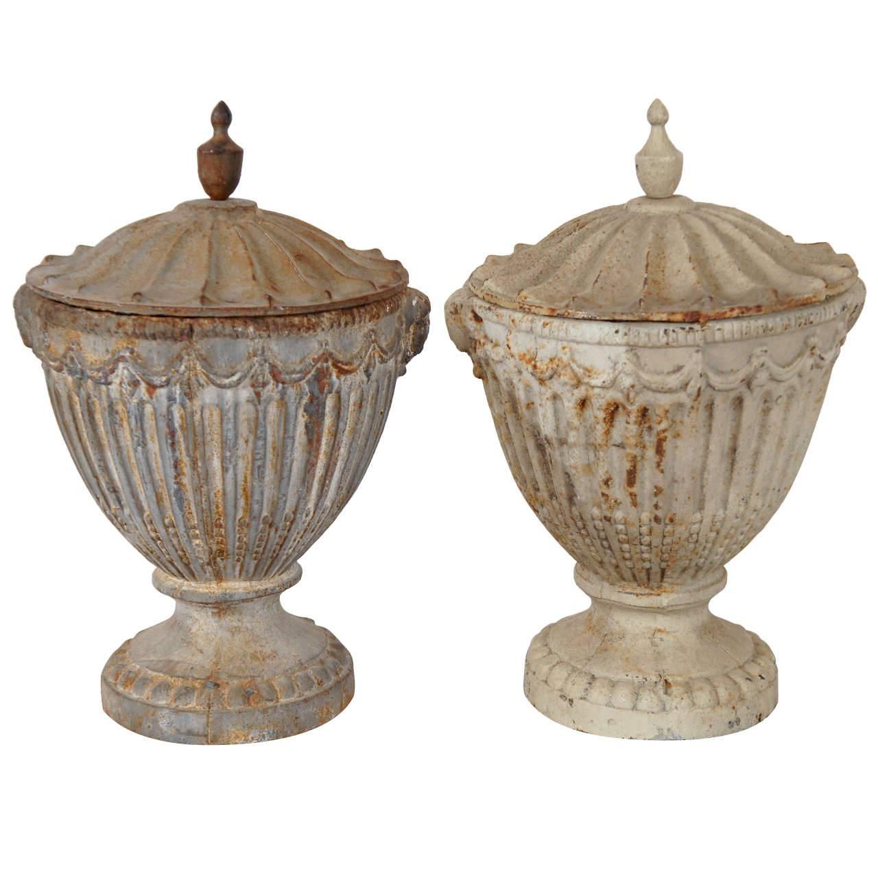 Pair of Neoclassical Cast-Iron Fluted Urns