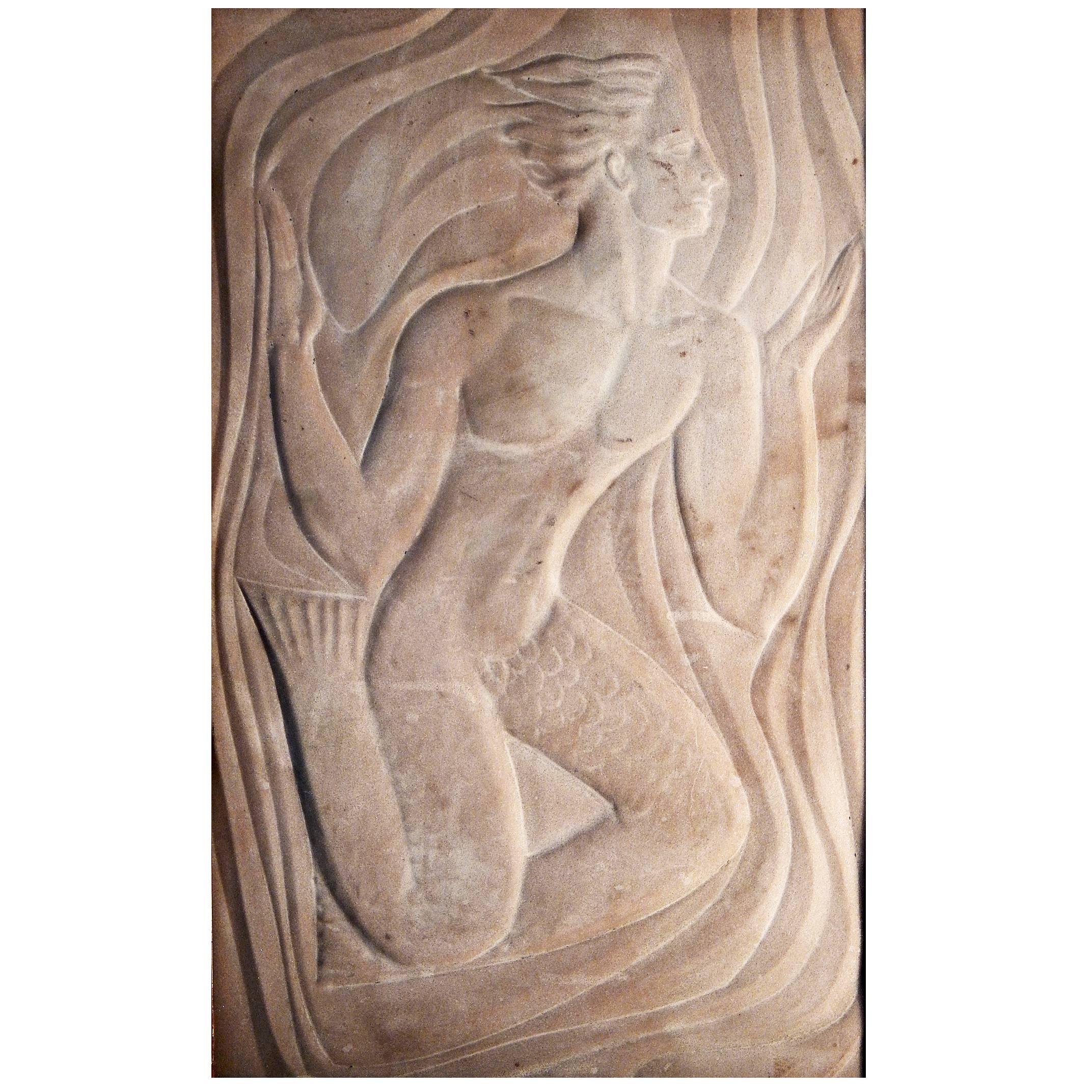 "Merman, " Very Fine Art Deco Bas Relief Sculpture in Sandstone