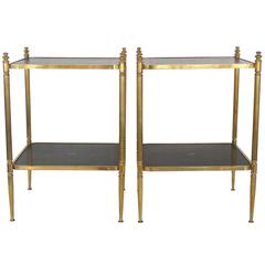 Pair of 1940s Maison Jansen Style Two-Tiered Side Tables, Brass, Green Leather