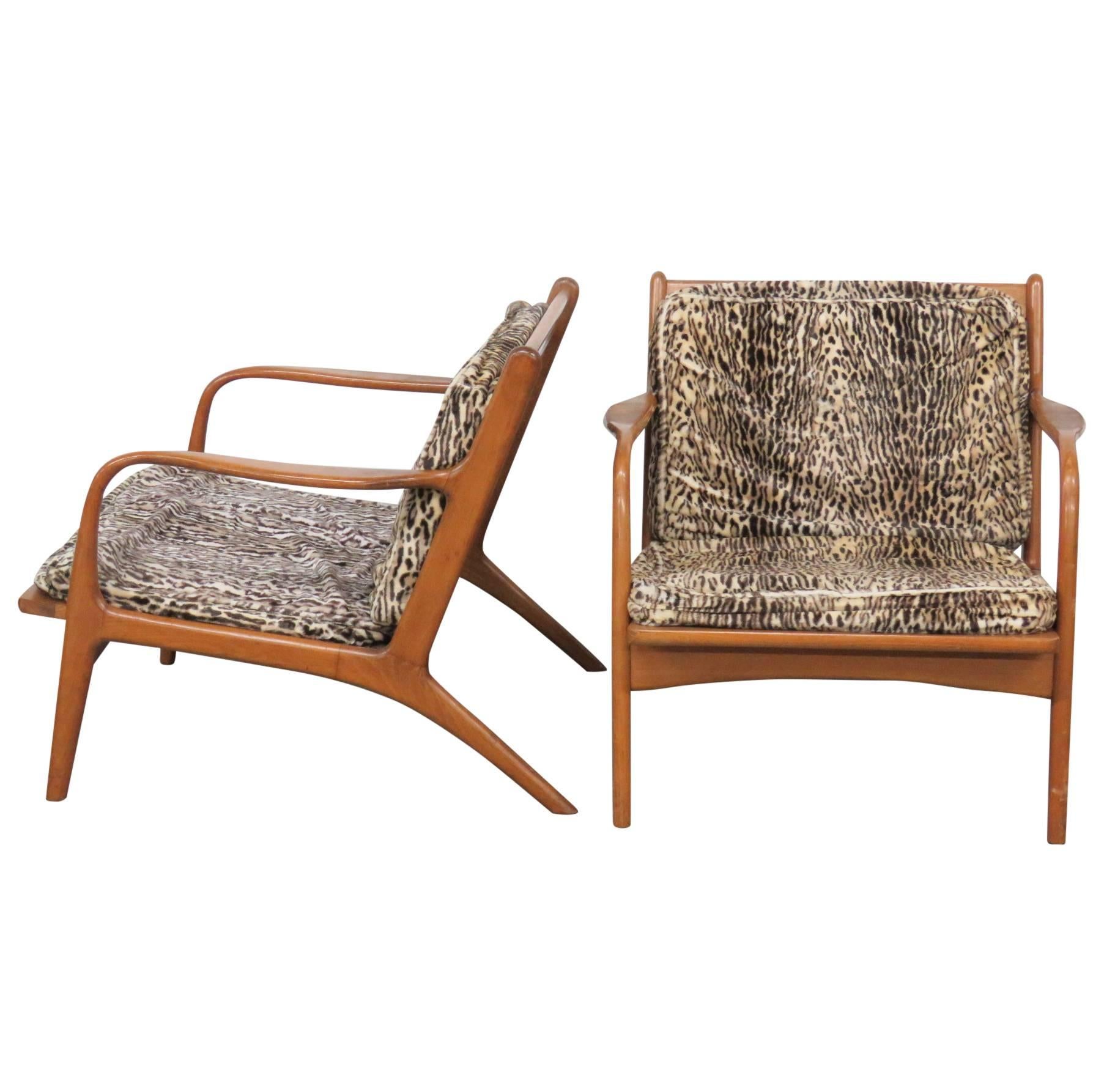 Pair of Danish Modern Leopard Upholstered Lounge Chairs