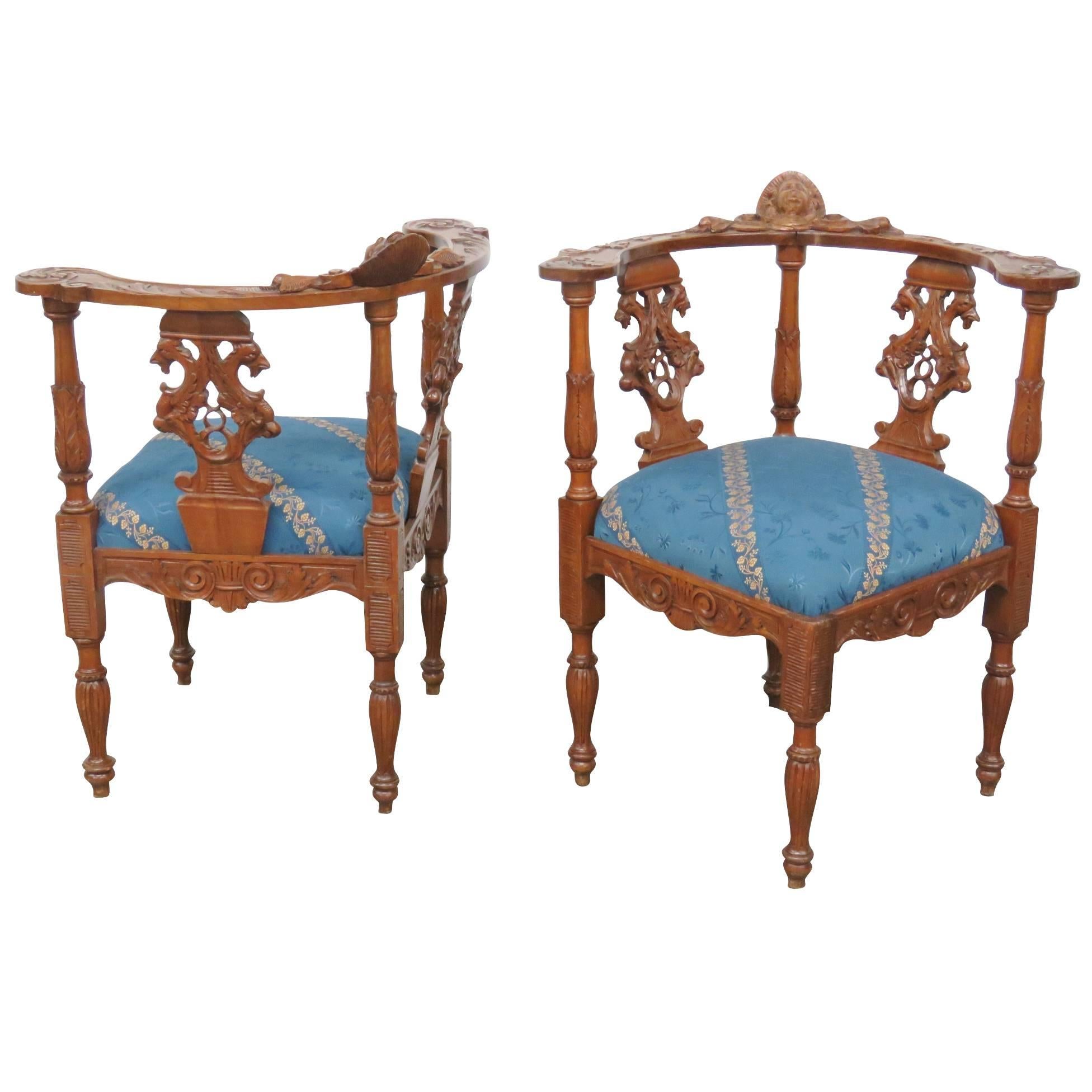 Pair of 19th Century Italian Carved Walnut Renaissance Figural Corner Chairs