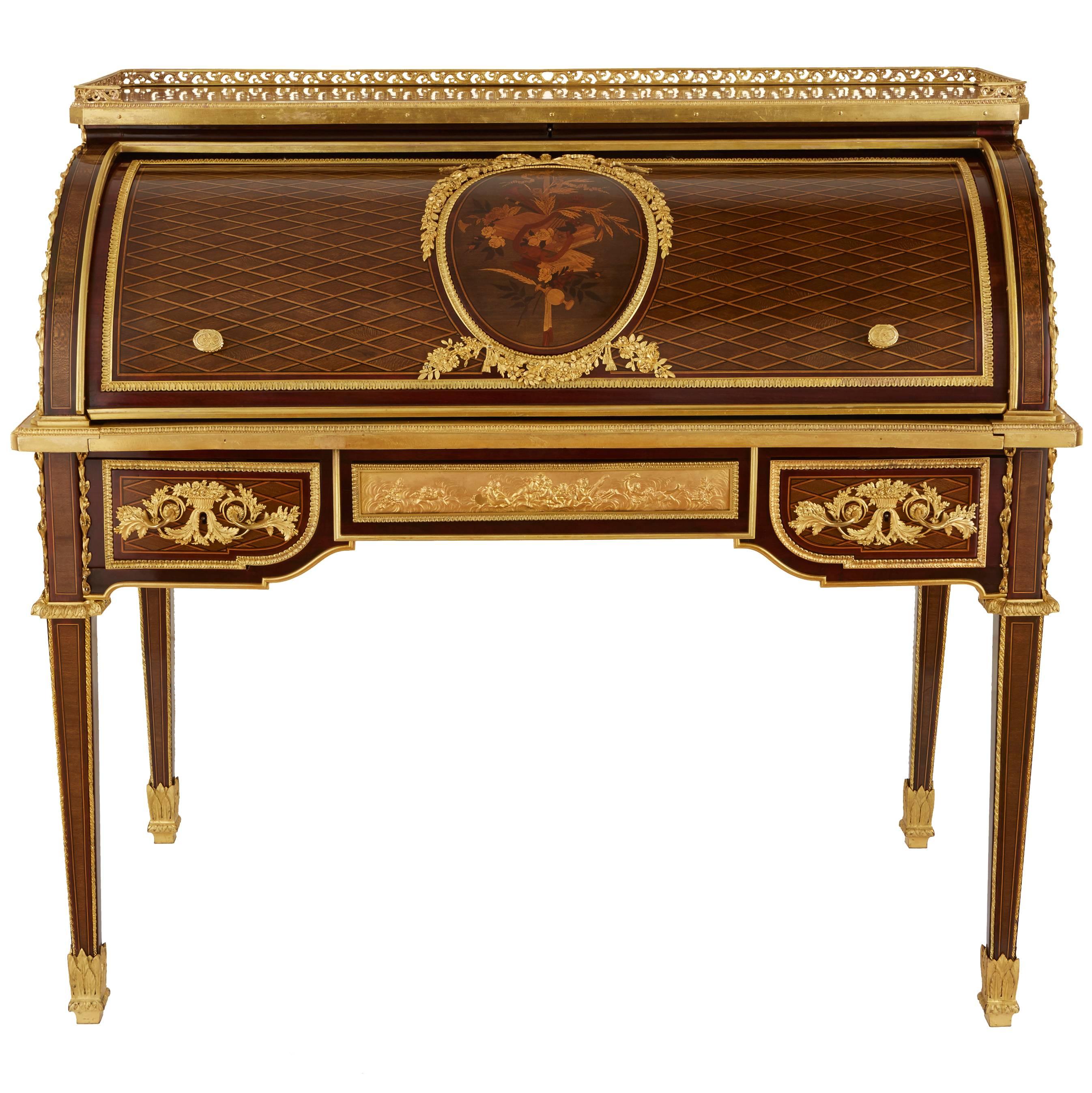 Ormolu-Mounted Marquetry Roll-Top Desk Attributed to P. Bernard